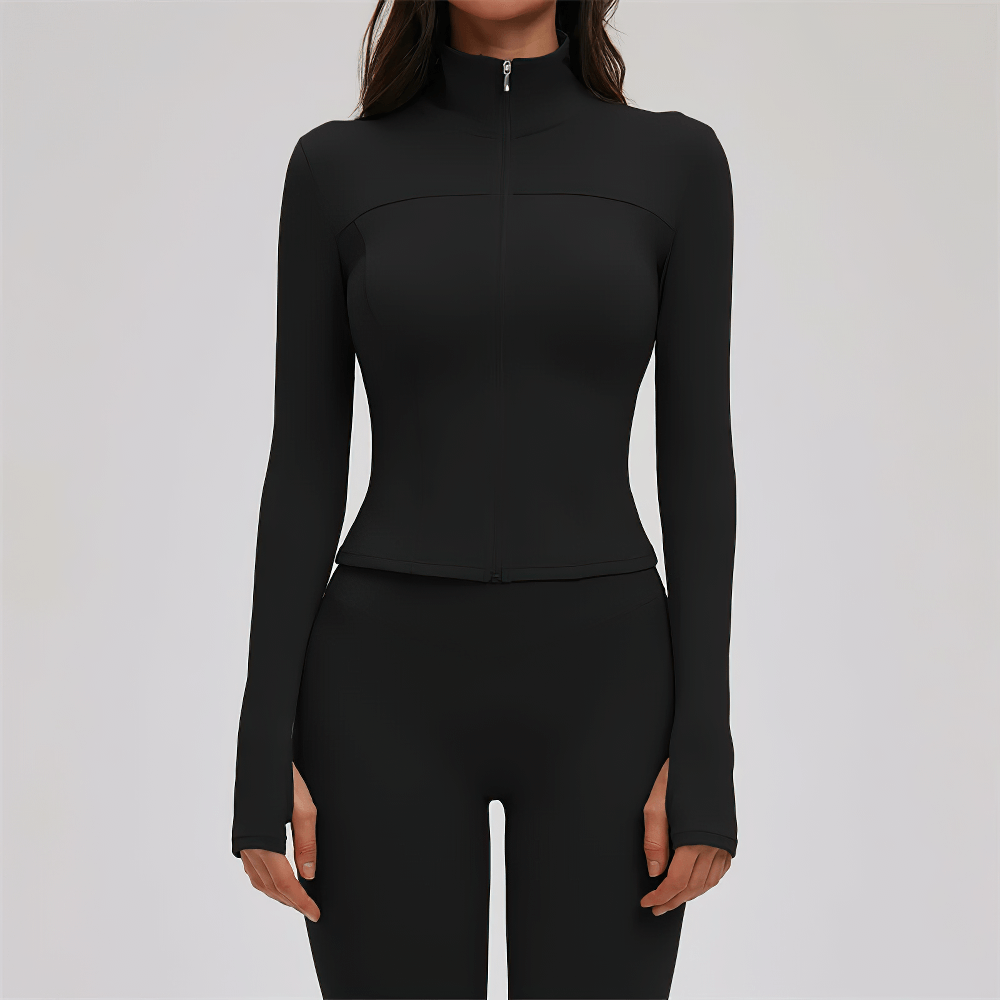 Female Long Sleeve Jacket for Sports and Fitness - SF4080, Women's Yoga Jacket Long Sleeve Zipper Sports Activewear in black.