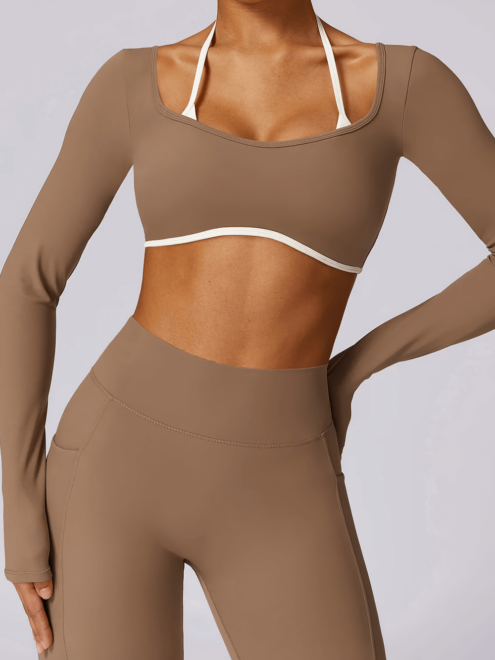 Female Long Sleeve Yoga Crop Top with White Straps - SF4200 for women, stylish backless design with breathable fabric and full sleeves.