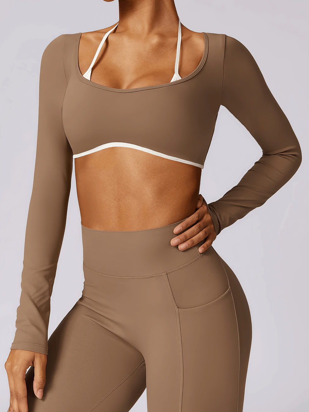 Female Long Sleeve Yoga Crop Top with White Straps - SF4200, stylish backless design, chest support, breathable spandex and nylon.