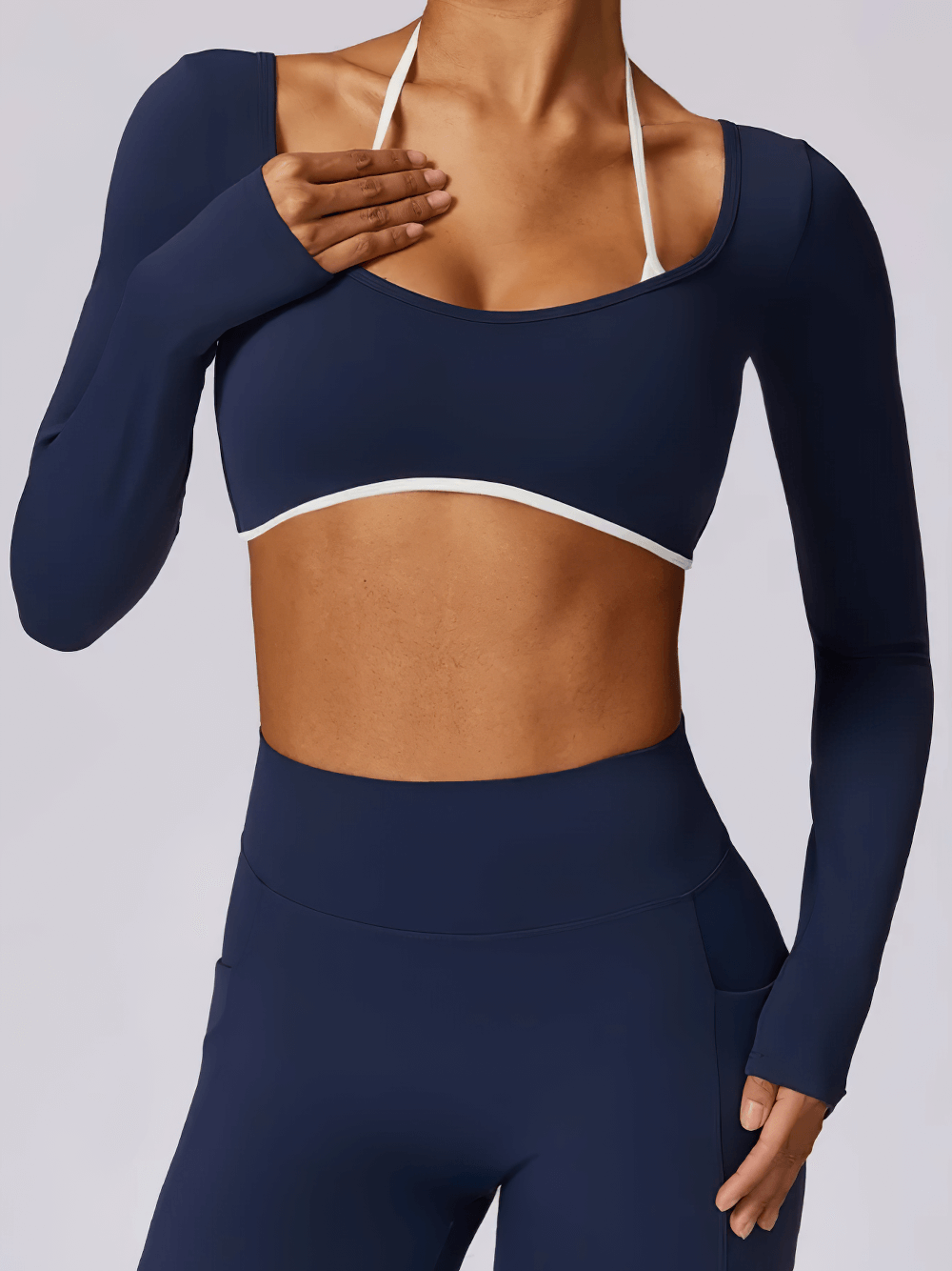Female Long Sleeve Yoga Crop Top with White Straps - SF4200 showcasing trendy backless design and breathable fabric.