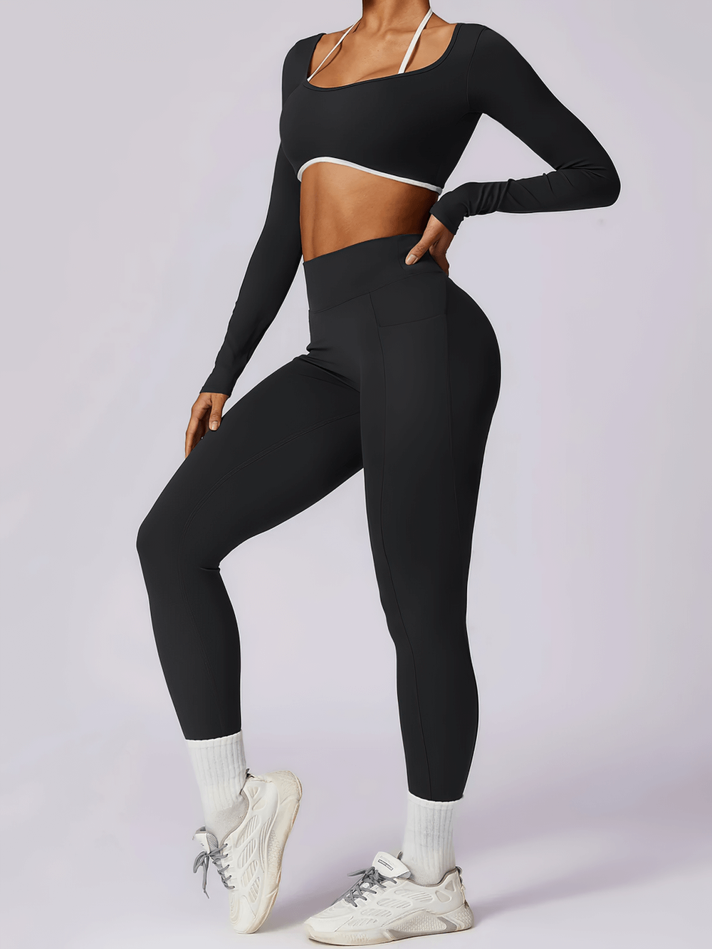 Female Long Sleeve Yoga Crop Top with White Straps - SF4200, sporty backless design, breathable spandex, ideal for activewear and yoga.