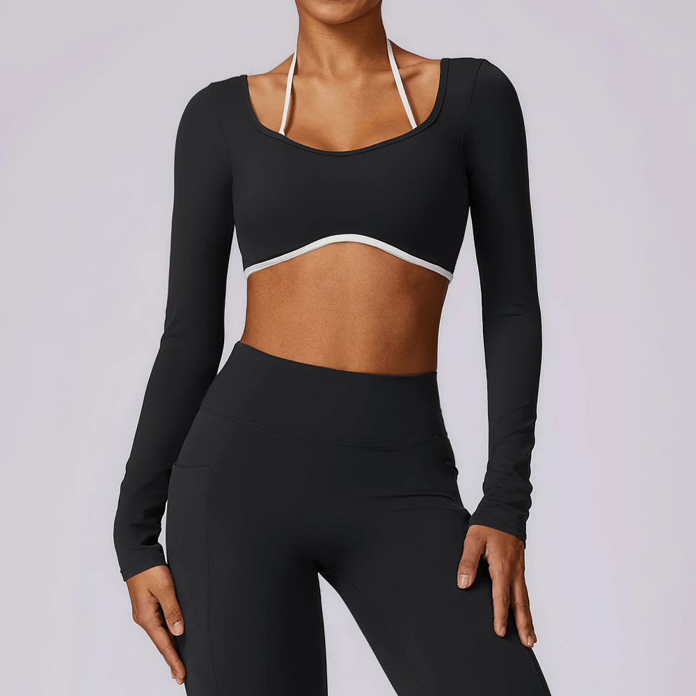 Female Long Sleeve Yoga Crop Top with White Straps - SF4200, stylish sportswear, black top with unique back design, full sleeves, breathable fabric