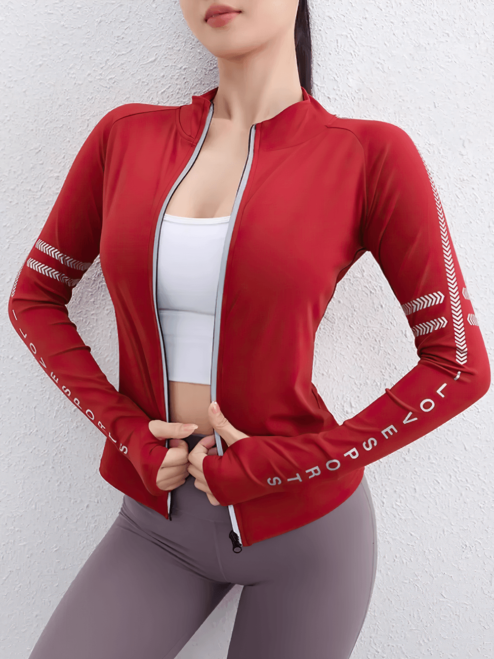Female Long Sleeve Zip Running Sports Jacket - SF4231 in red, perfect for gym, yoga, and active lifestyle. 