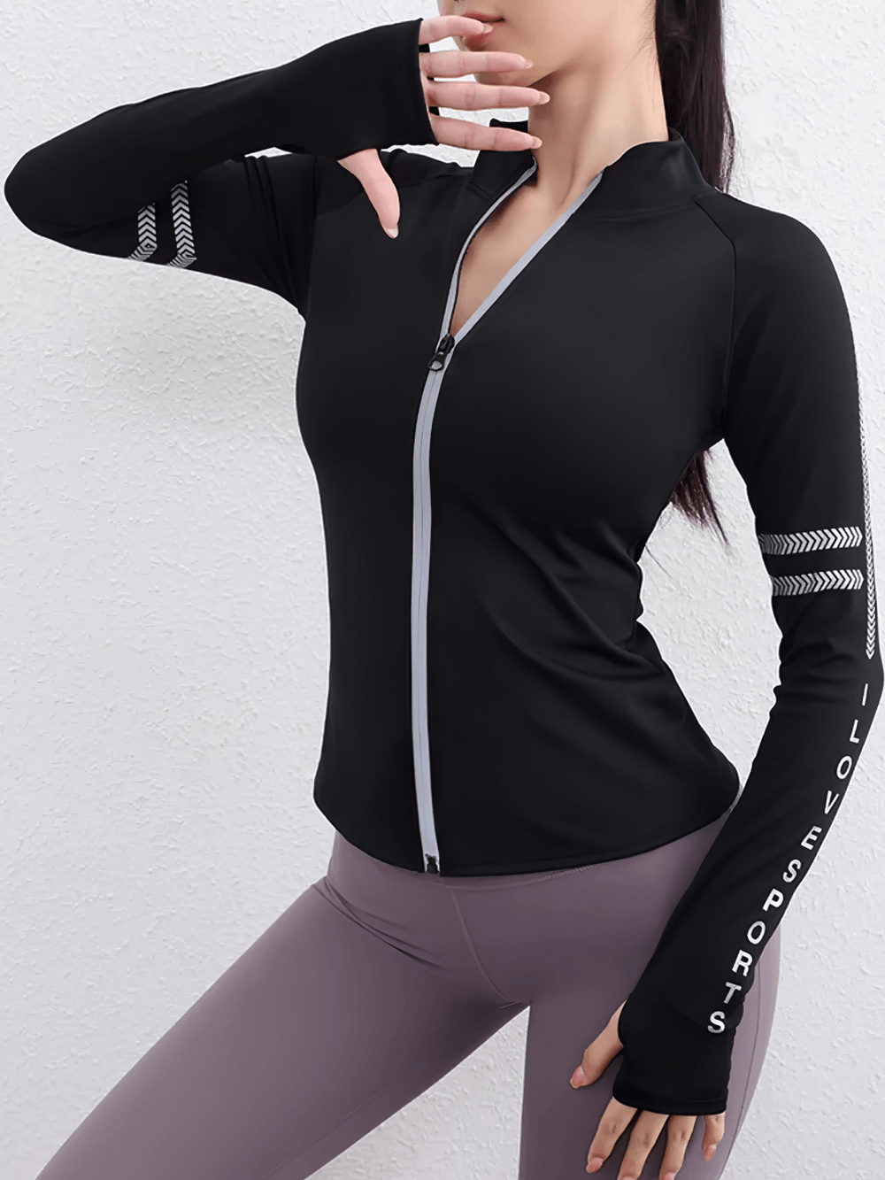 Female Long Sleeve Zip Running Sports Jacket - SF4231 in black, perfect for workouts and yoga, featuring a stylish athletic cut.