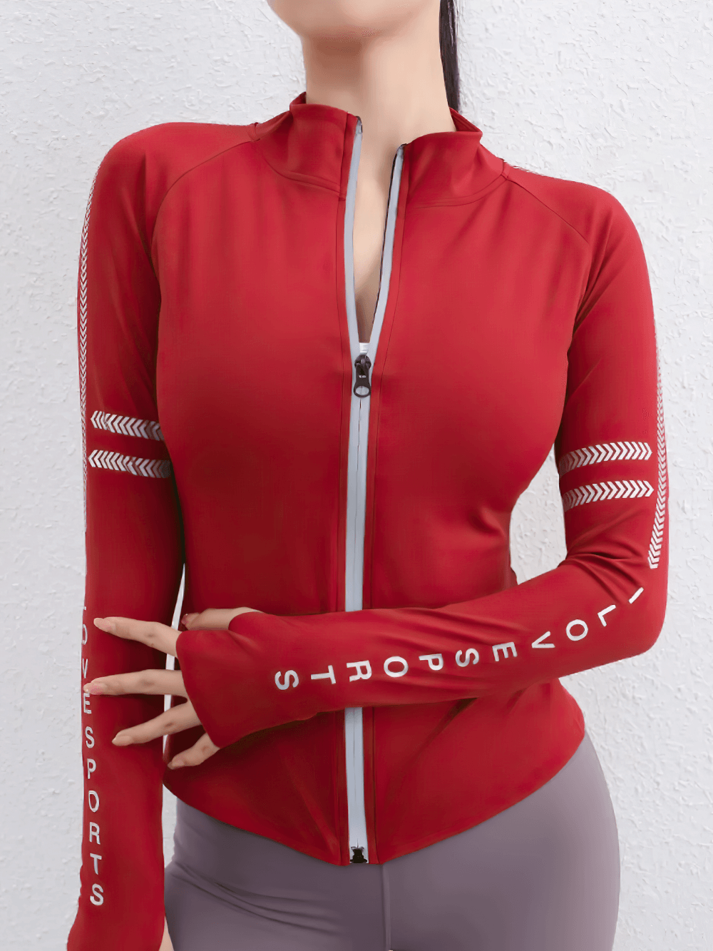 Female Long Sleeve Zip Running Sports Jacket - SF4231 in red, perfect for gym, track, and yoga. Sporty design for active lifestyles.