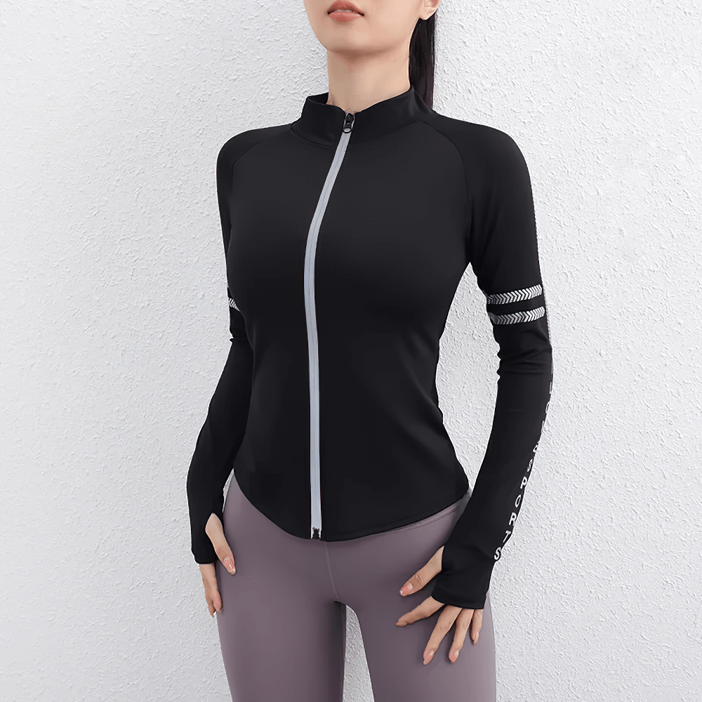 Female Long Sleeve Zip Running Sports Jacket - SF4231 in black, perfect for gym, yoga, or running, showing front view with zip detail.