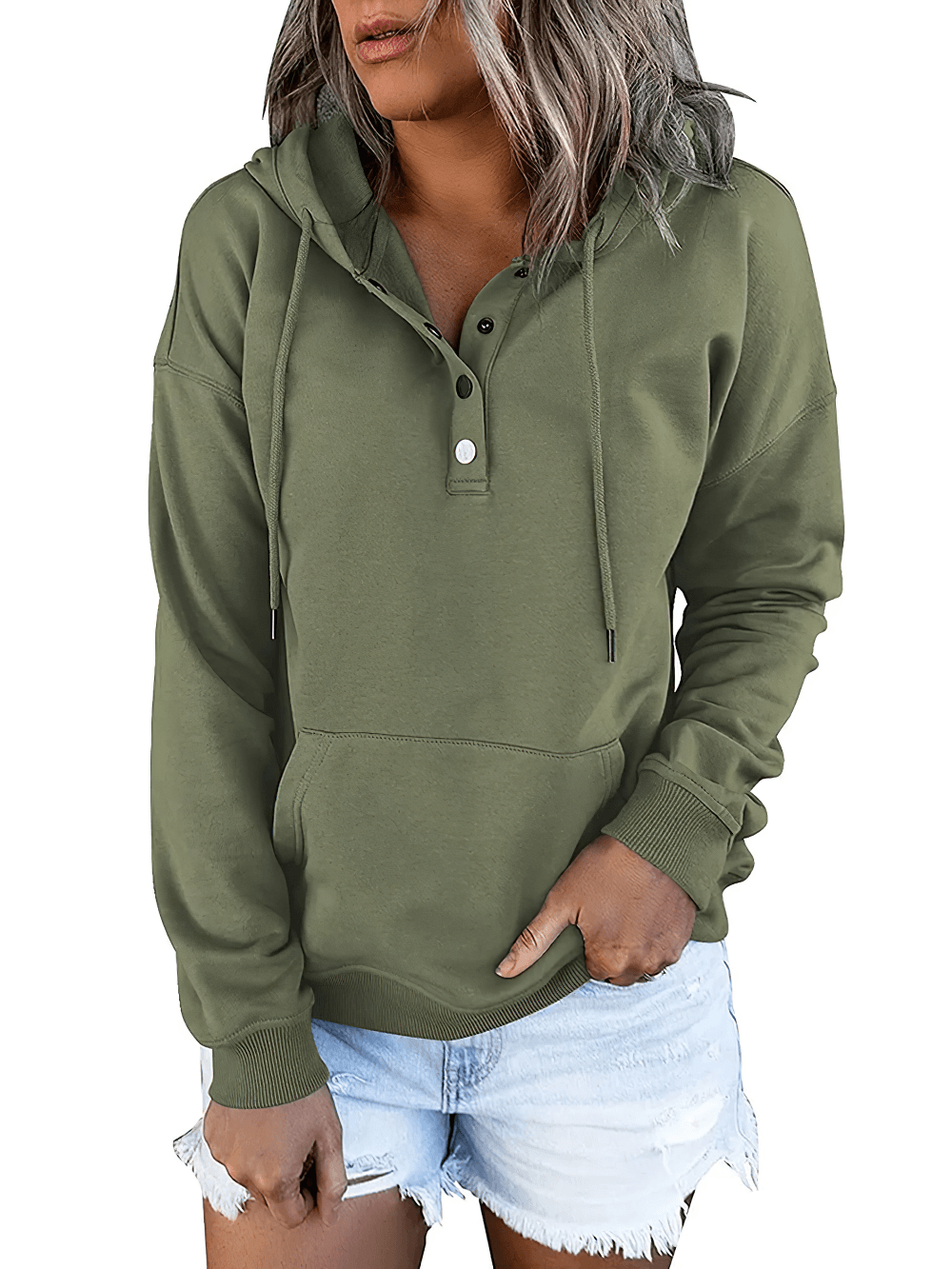 Alt Tag: Female Loose Fit Hooded Pocket Hoodie - SF4522 olive green pullover with drawstring hood, button neckline, front pocket