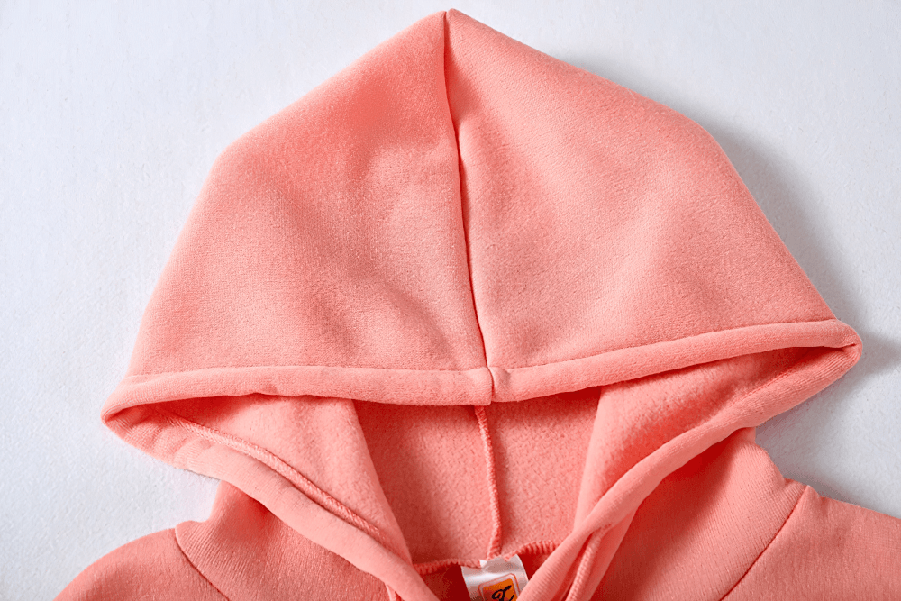 Alt Tag: Female Loose Fit Hooded Pocket Hoodie - SF4522 coral pink hood close-up with drawstring for sporty casual comfort