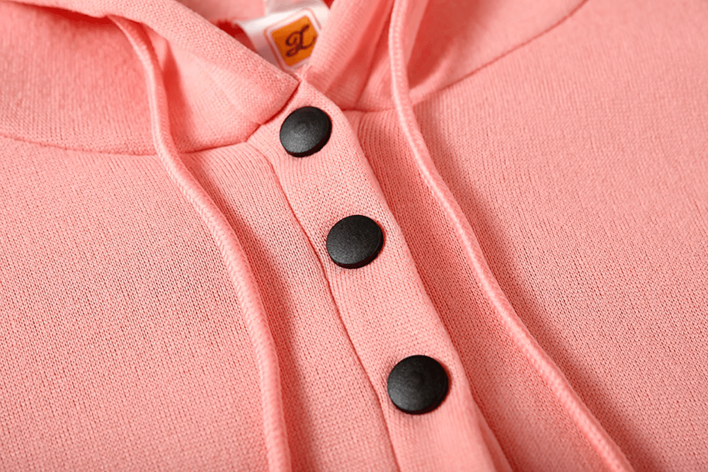 Alt Tag: Female Loose Fit Hooded Pocket Hoodie - SF4522 pink button-front neckline detail with drawstring hood