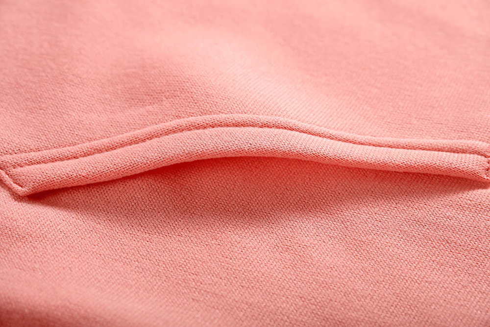 Alt Tag: Female Loose Fit Hooded Pocket Hoodie - SF4522 pink fabric close-up showing stitched pocket seam, soft stretchy polyester-cotton feel