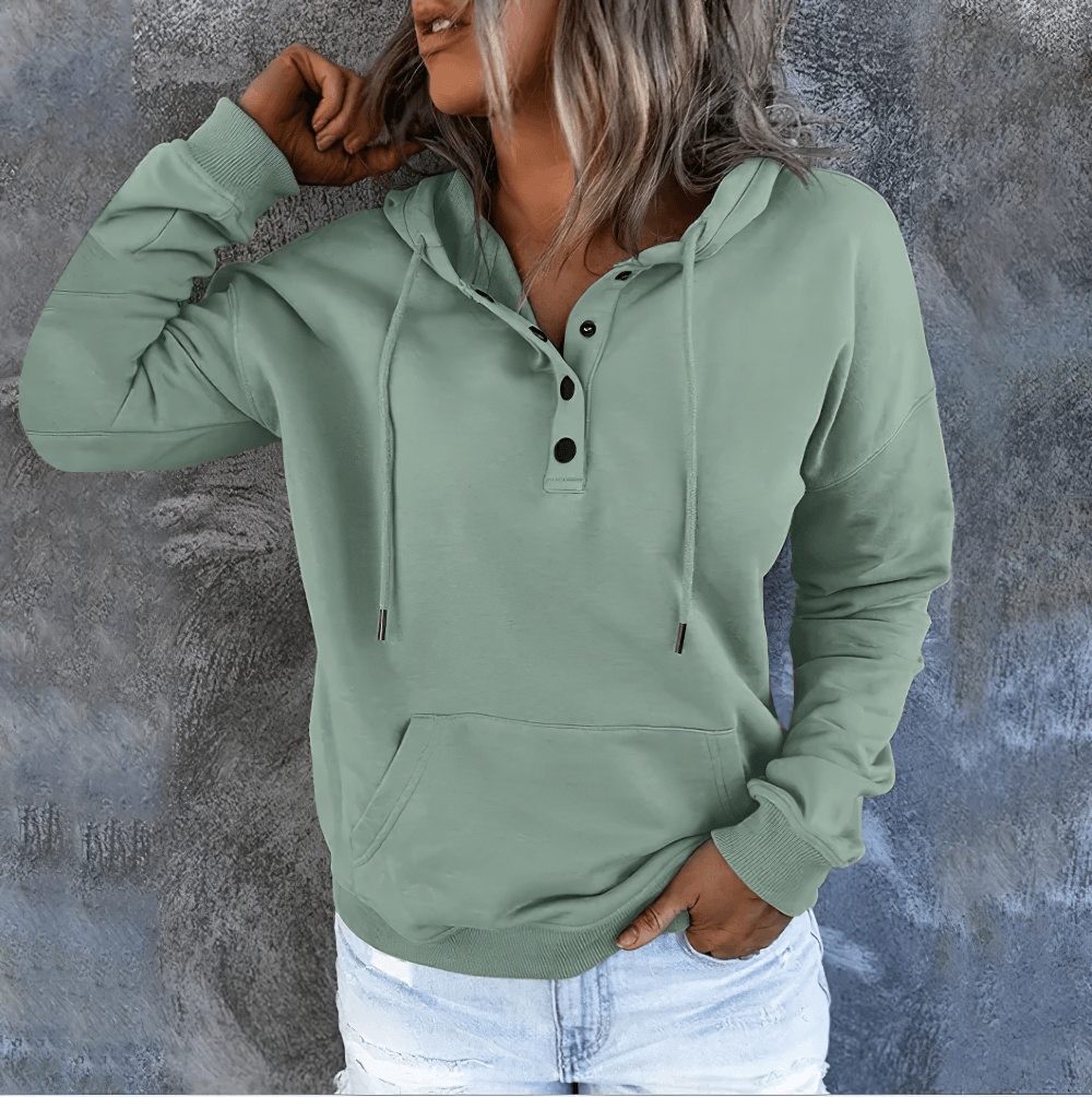 Alt Tag: Female Loose Fit Hooded Pocket Hoodie - SF4522 sage green sporty pullover with drawstring hood, button neckline, and front pocket