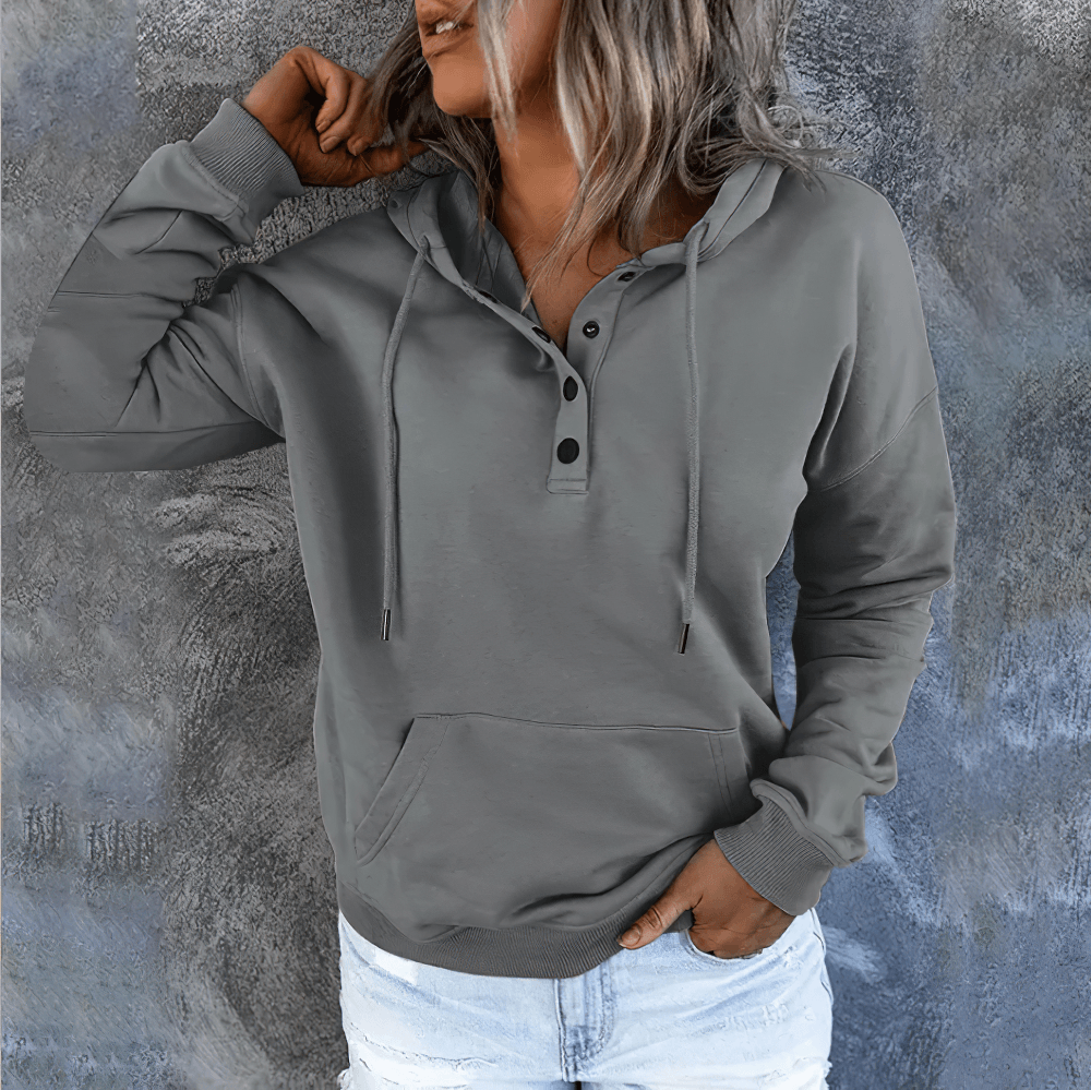 Alt Tag: Female Loose Fit Hooded Pocket Hoodie - SF4522 gray sporty pullover with drawstring hood, button-front neckline, and front pocket