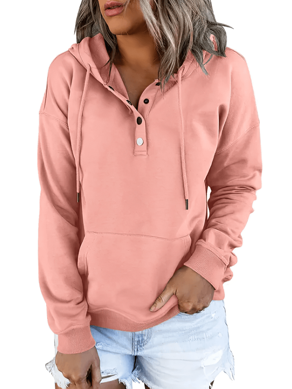 Alt Tag: Female Loose Fit Hooded Pocket Hoodie - SF4522 pink women’s sporty pullover with drawstring hood, button neckline, front pocket