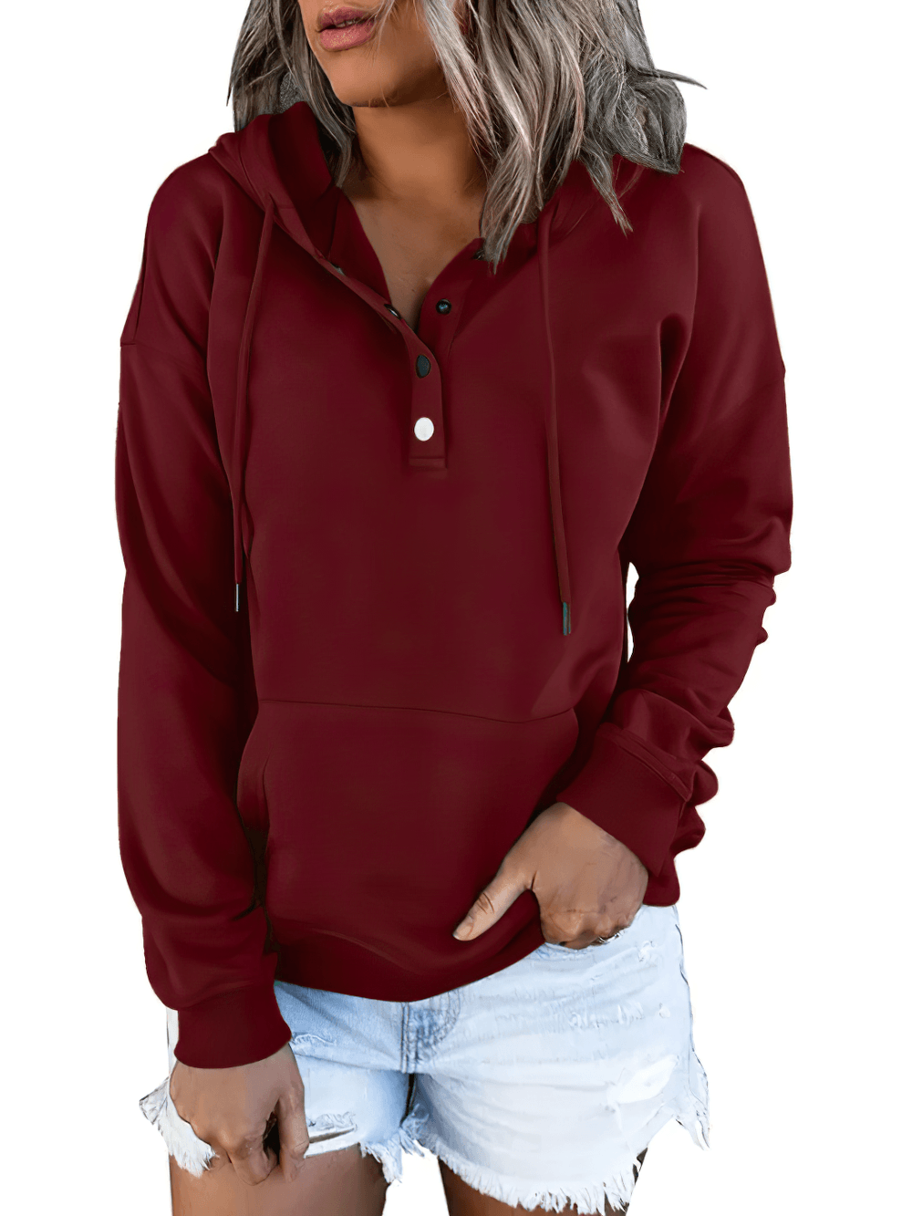 Alt Tag: Female Loose Fit Hooded Pocket Hoodie - SF4522 burgundy women’s pullover with drawstrings, button neckline, and front pocket