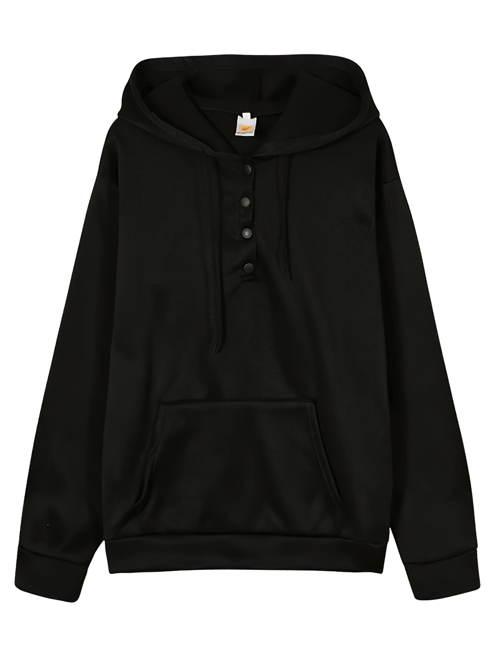 Alt Tag: Female Loose Fit Hooded Pocket Hoodie - SF4522 black sporty pullover with drawstring hood, button-front neckline, and front pocket