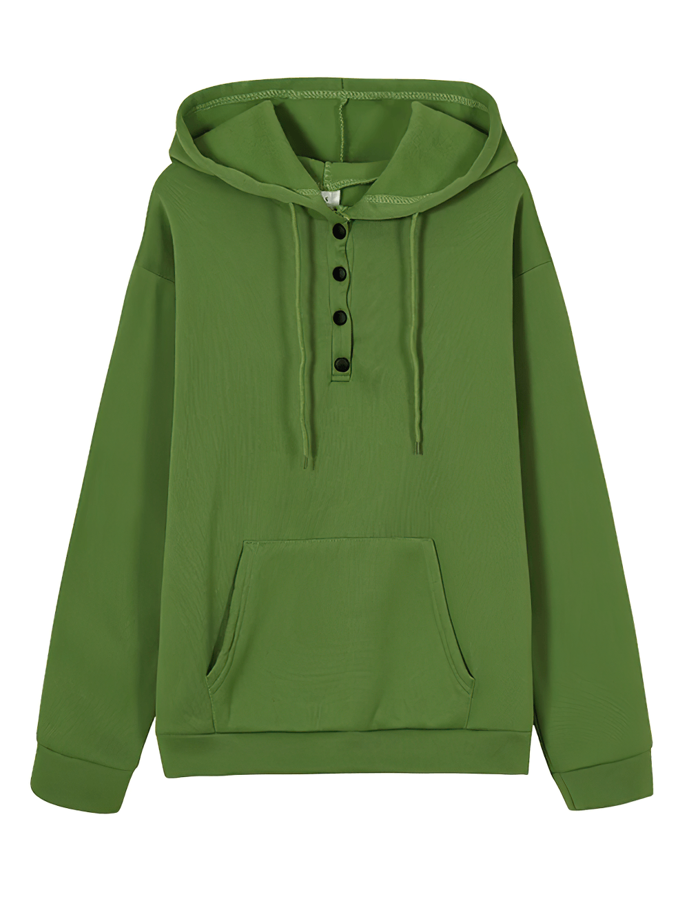 Alt Tag: Female Loose Fit Hooded Pocket Hoodie - SF4522 green pullover with drawstring hood, button neckline, front kangaroo pocket