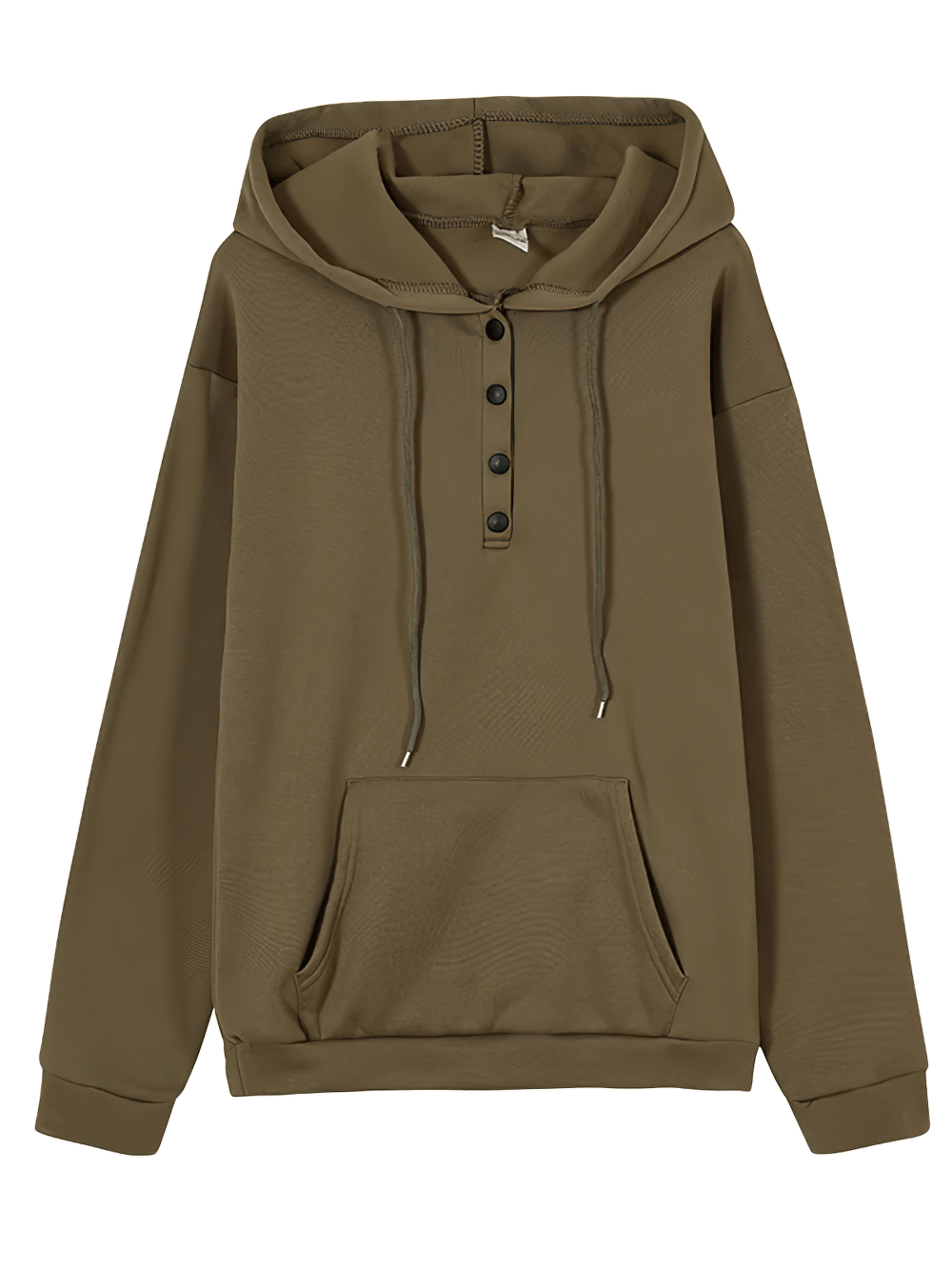 Alt Tag: Female Loose Fit Hooded Pocket Hoodie - SF4522 olive green pullover hoodie with drawstring hood, button placket & front pocket