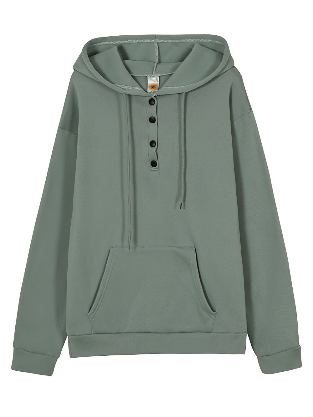 Alt Tag: Female Loose Fit Hooded Pocket Hoodie - SF4522 in sage green, loose-fit pullover with drawstring hood, button neckline, and front pocket