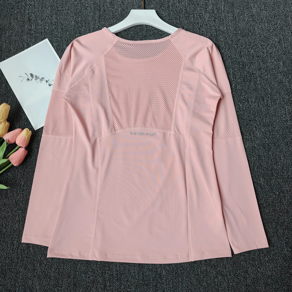 Female Mesh-Panel Yoga Fitness Top with Full Sleeves - SF4212 in pink, featuring breathable mesh for yoga and fitness enthusiasts.