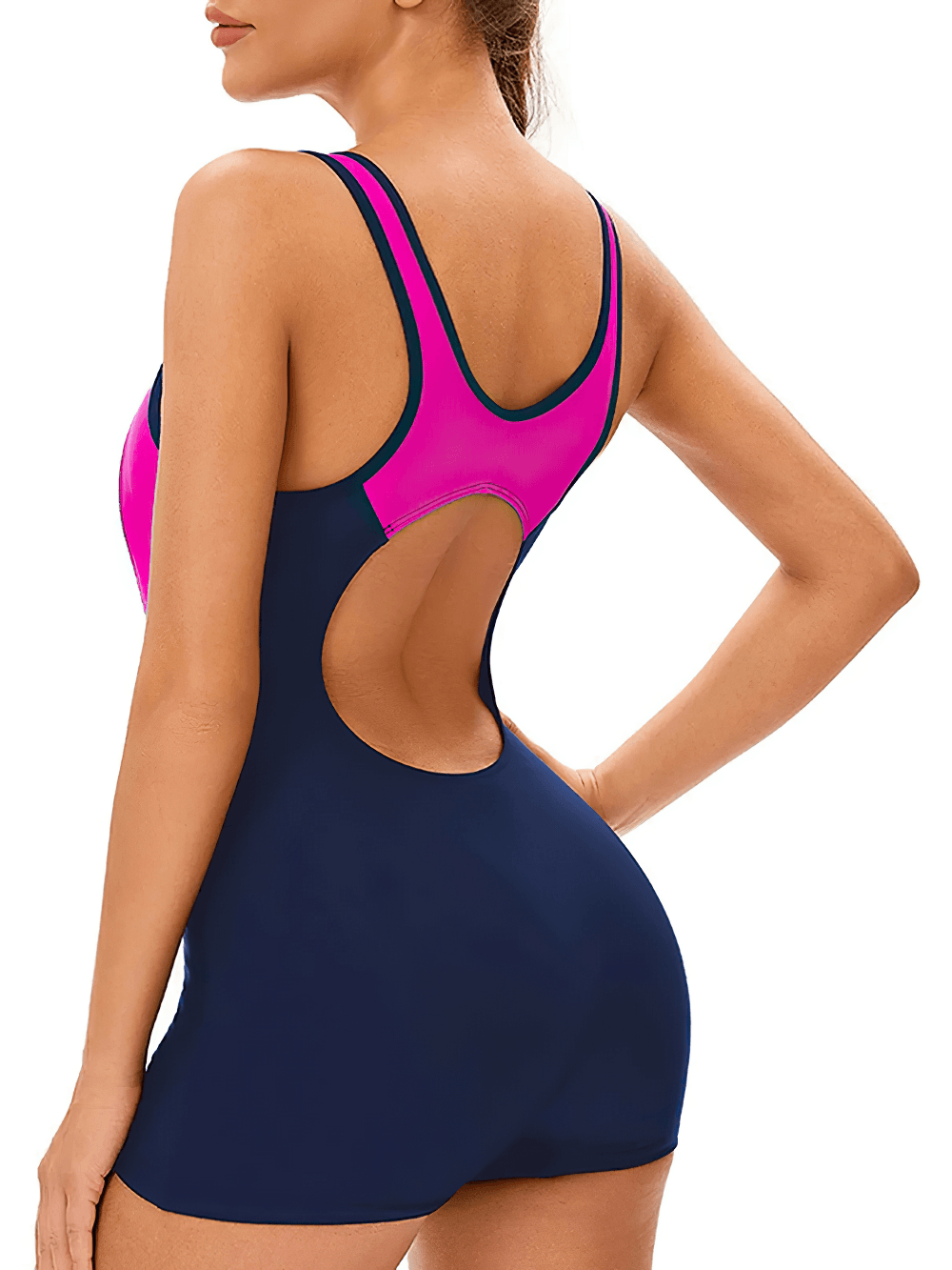 Alt Tag: Female One-Piece Backless Sport Swim Playsuit - SF4541 navy and pink backless one-piece sport swim playsuit with cutout back