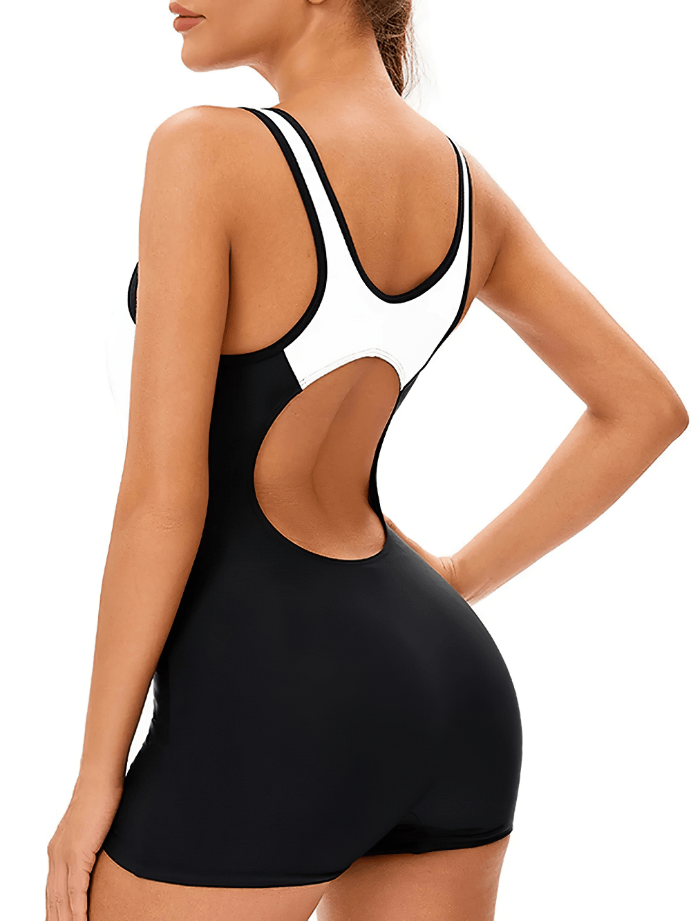 Alt Tag: Female One-Piece Backless Sport Swim Playsuit - SF4541 black one-piece swimsuit with white racerback and open back cutout
