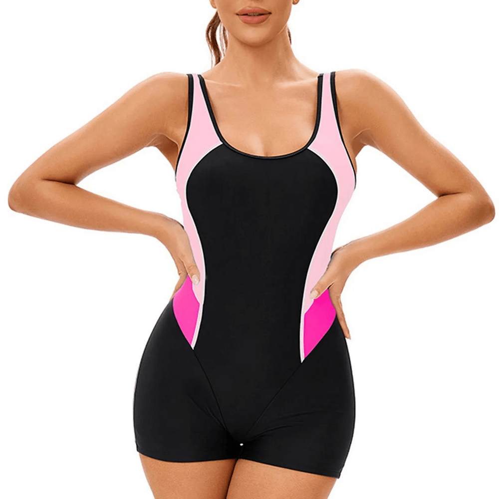 Alt Tag: Female One-Piece Backless Sport Swim Playsuit - SF4541 black sport one-piece swimsuit with pink side panels, sleeveless