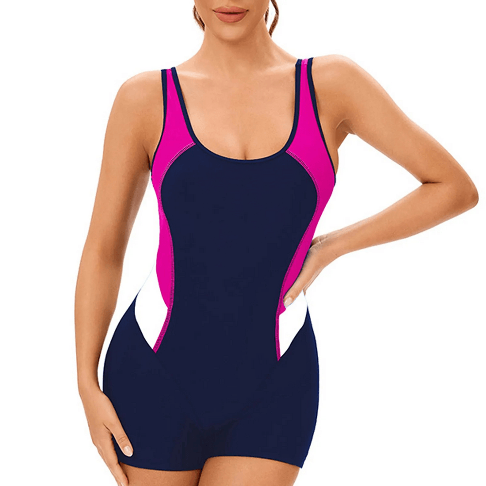 Alt Tag: Female One-Piece Backless Sport Swim Playsuit - SF4541 navy sport one-piece with pink and white contrast panels, sleeveless