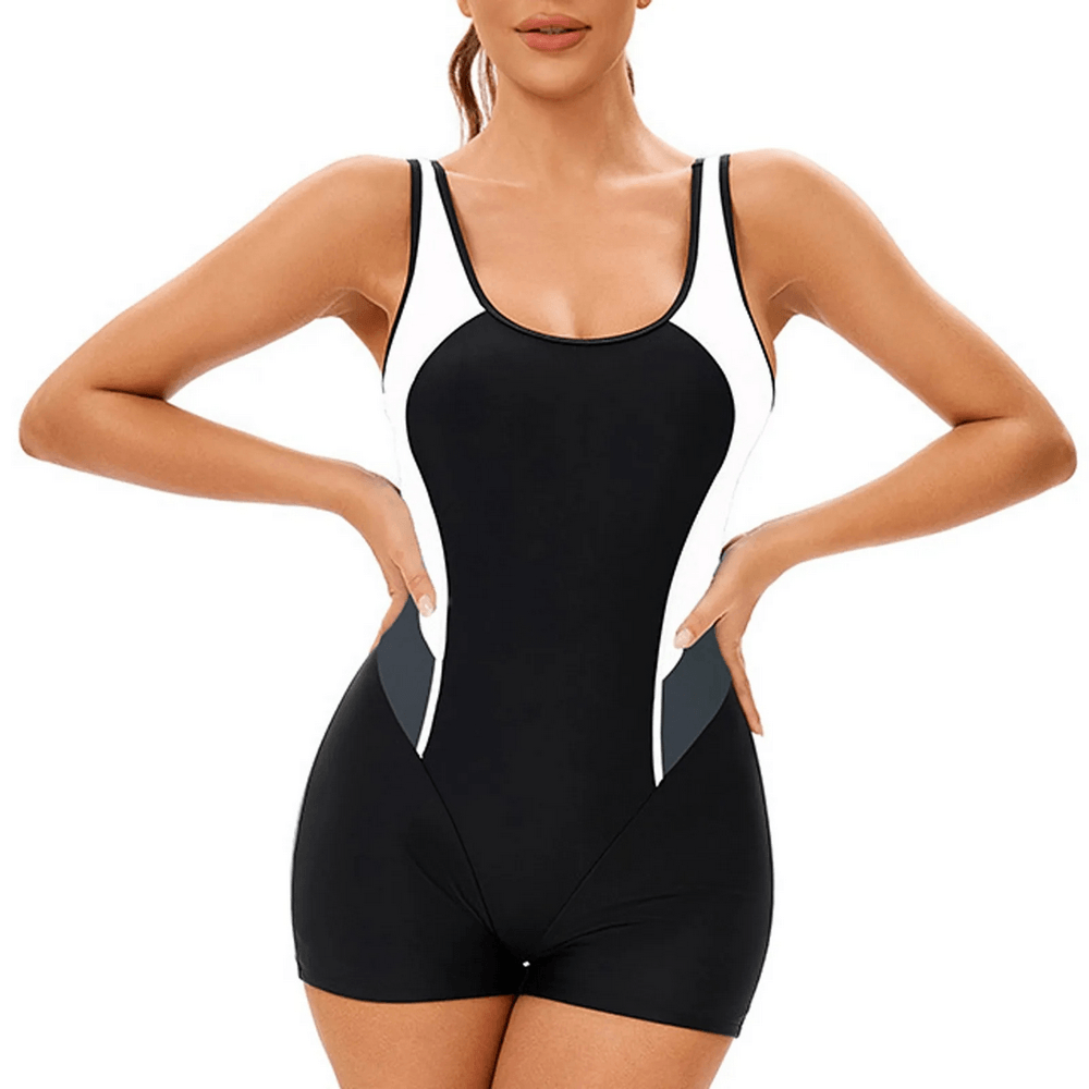 Alt Tag: Female One-Piece Backless Sport Swim Playsuit - SF4541 black sporty one-piece with white contrast panels, sleeveless fit