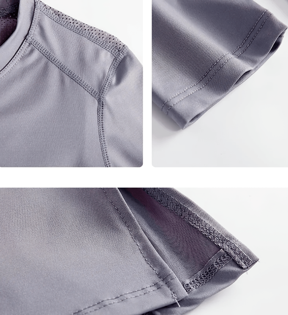 Alt Tag: Female Quick Dry Back Mesh Long Sleeve Yoga Top - SF4482 close-up of breathable back mesh, sleeve cuff stitching, and quick-dry fabric