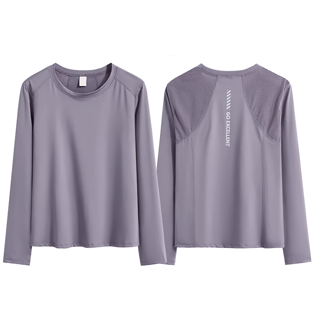 Alt Tag: Female Quick Dry Back Mesh Long Sleeve Yoga Top - SF4482 gray front and back view, breathable quick-dry mesh panel sports top