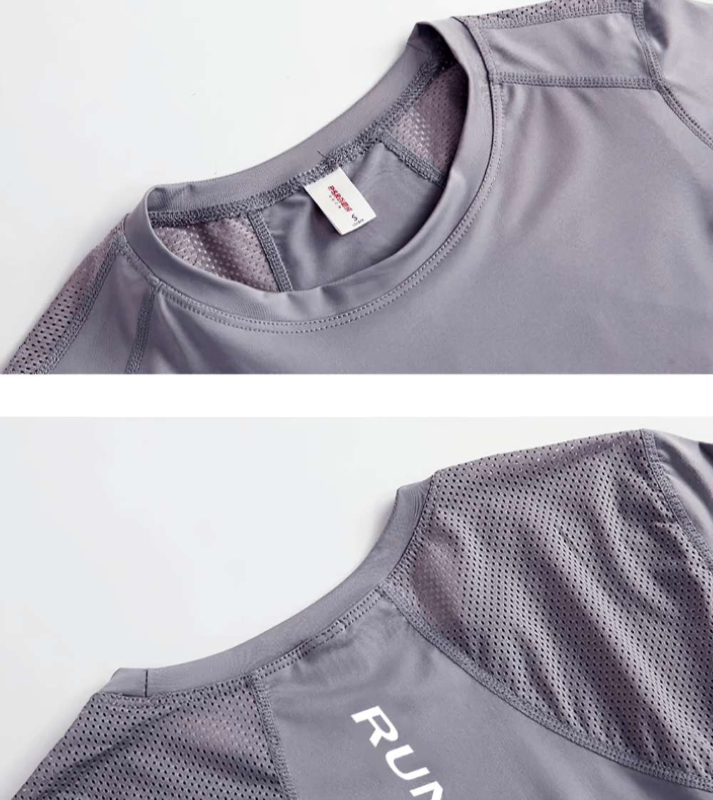 Alt Tag: Female Quick Dry Back Mesh Long Sleeve Yoga Top - SF4482 gray quick-dry breathable back mesh long sleeve sports top close-up