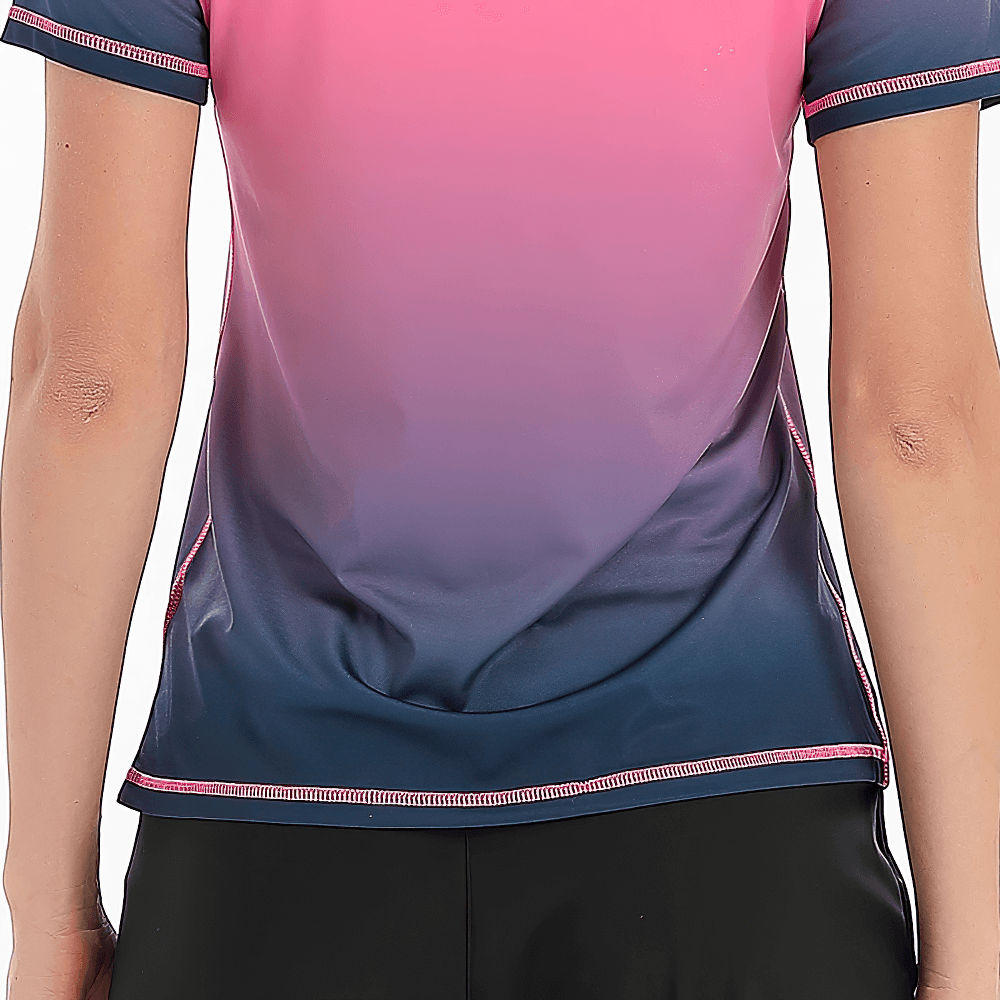 Alt Tag: Female Quick Dry Gradient Sports T-Shirt for Running - SF4383 women’s breathable short sleeve ombre tee with striped chest detail
