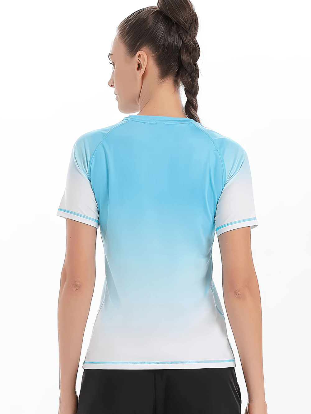 Alt Tag: Female Quick Dry Gradient Sports T-Shirt for Running - SF4383 back view, ombre blue-to-white short sleeve breathable raglan tee