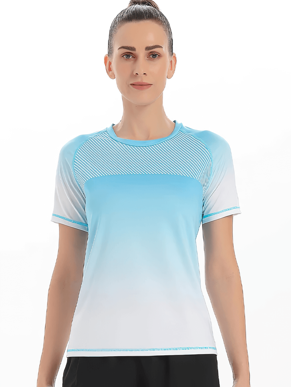 Alt Tag: Female Quick Dry Gradient Sports T-Shirt for Running - SF4383 women's ombre blue quick-dry breathable short sleeve running tee