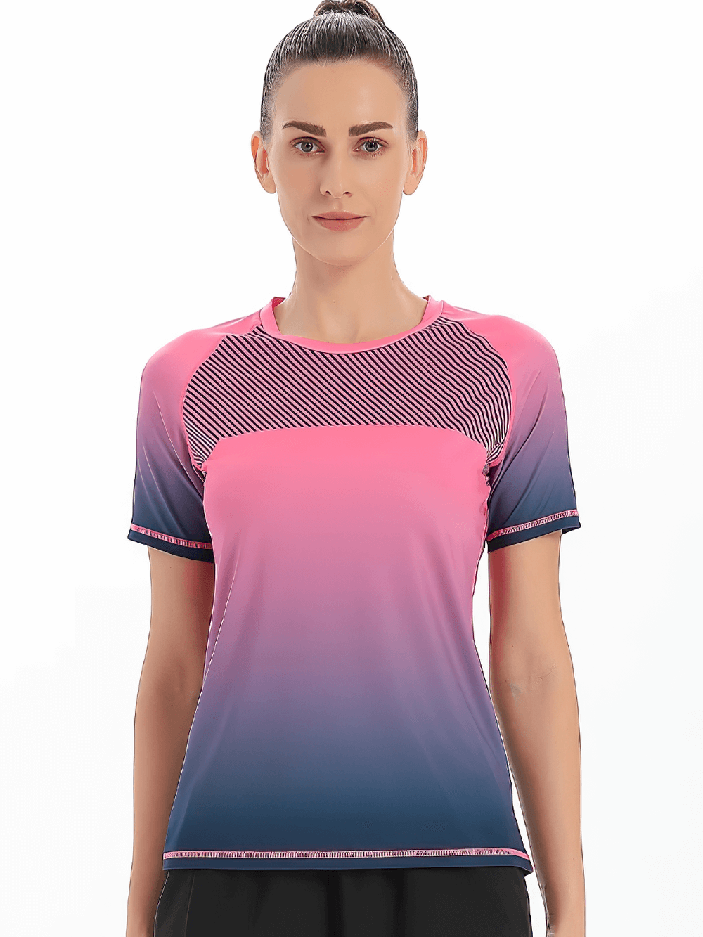 Alt Tag: Female Quick Dry Gradient Sports T-Shirt for Running - SF4383 pink-to-blue ombre short sleeve raglan breathable running tee