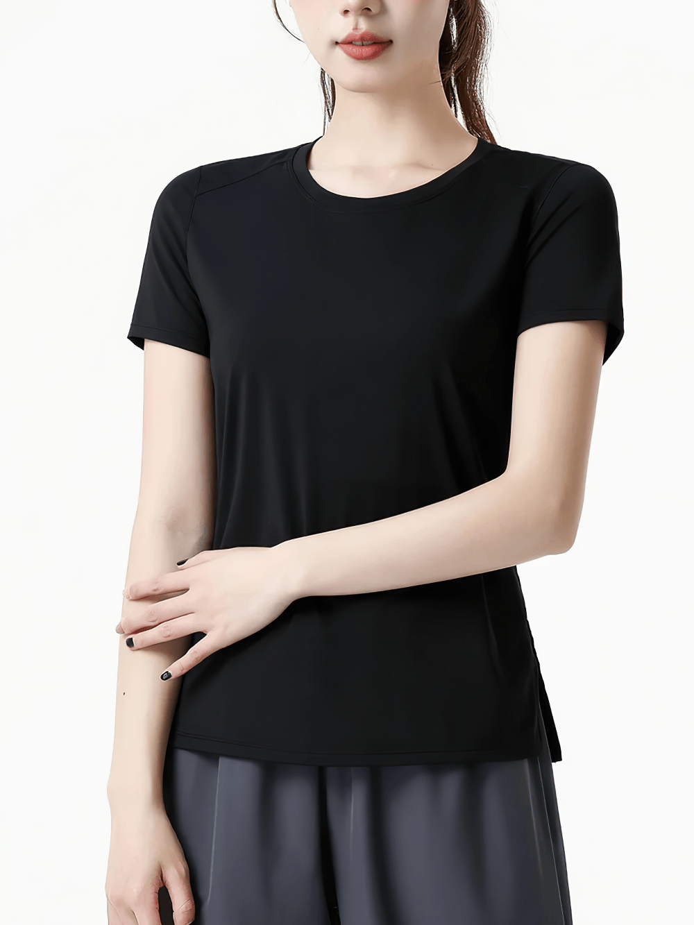 Alt Tag: Female Quick Dry Mesh-Back Training T-Shirt - SF4463 black short sleeve quick-dry women’s workout top, front view