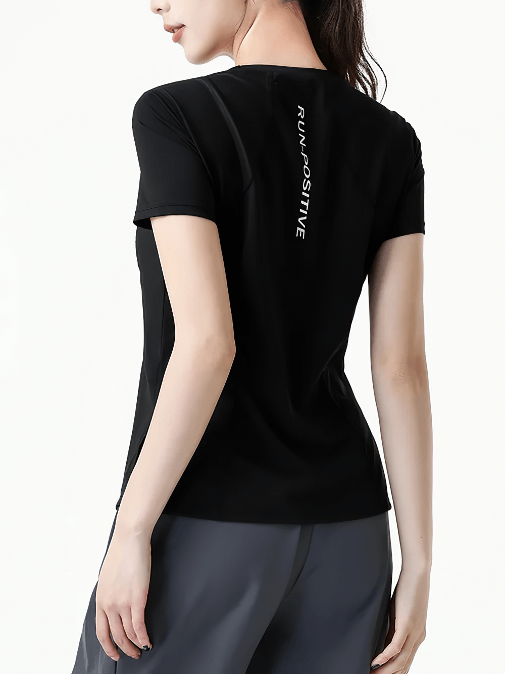 Alt Tag: Female Quick Dry Mesh-Back Training T-Shirt - SF4463 black short sleeve quick-dry workout top with mesh back, rear view