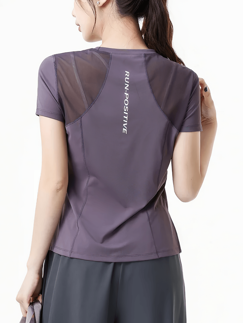 Alt Tag: Female Quick Dry Mesh-Back Training T-Shirt - SF4463 women’s quick-dry short sleeve top with breathable mesh back for gym running yoga