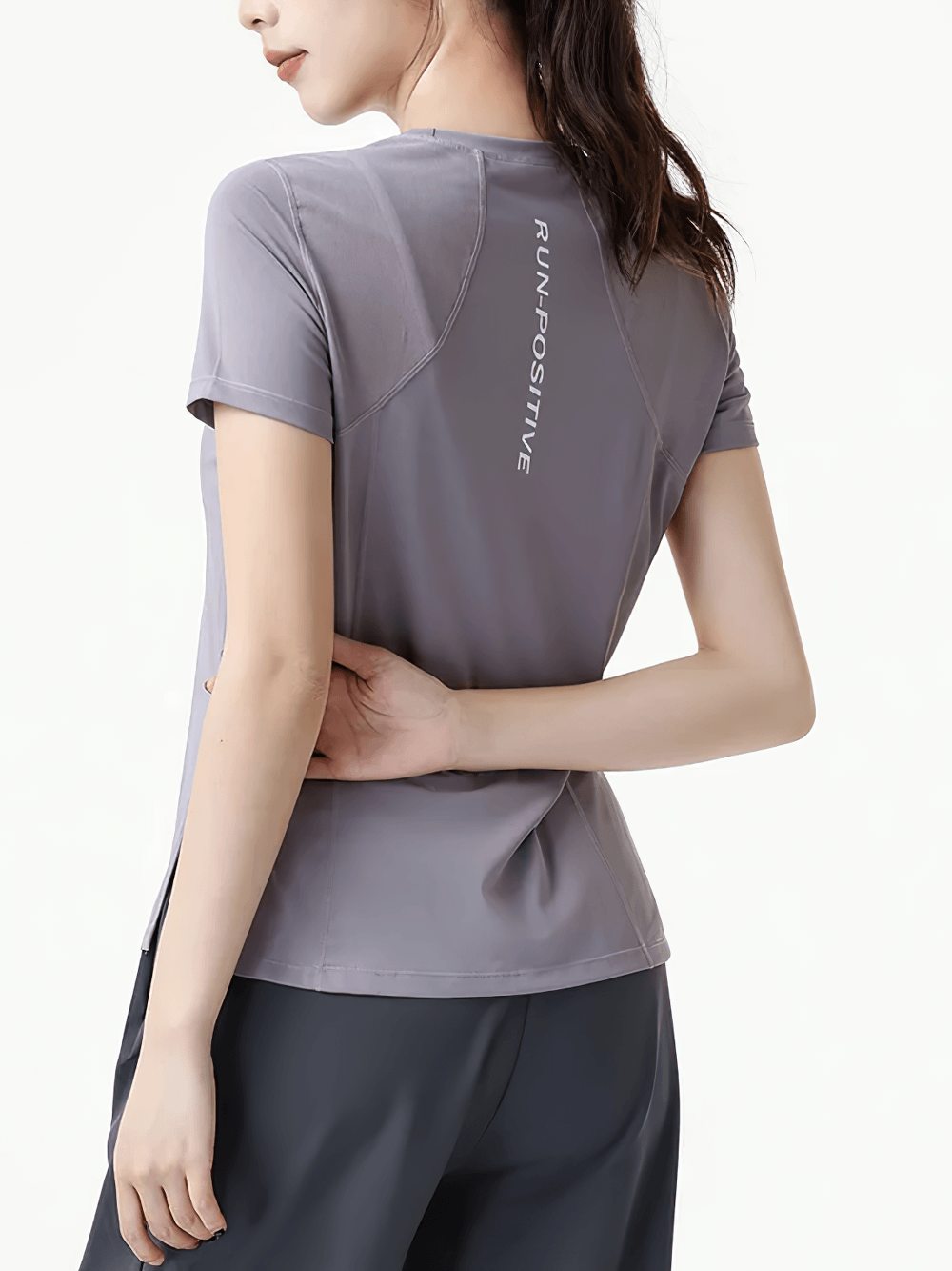 Alt Tag: Female Quick Dry Mesh-Back Training T-Shirt - SF4463 women’s quick-dry short sleeve sports tee with breathable mesh back, gray