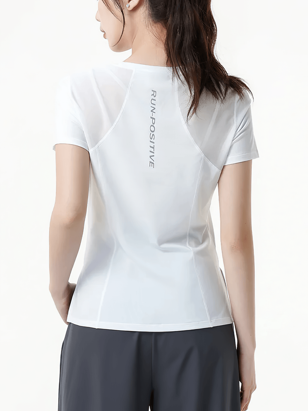 Alt Tag: Female Quick Dry Mesh-Back Training T-Shirt - SF4463 back view, white quick-dry short sleeve workout tee with breathable mesh panel