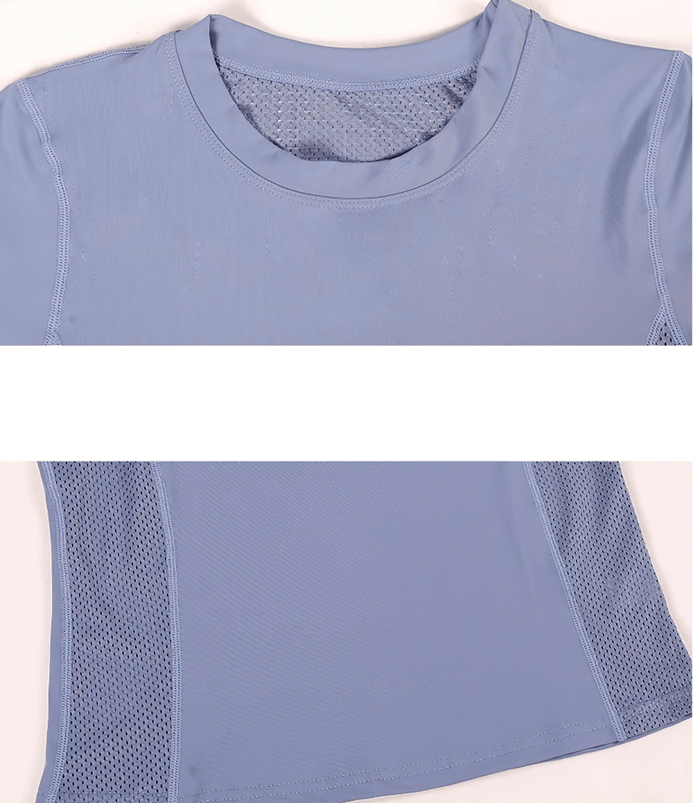Alt Tag: Female Quick-Dry Mesh Panel Training T-Shirt - SF4458 blue sleeveless top with breathable mesh side panels and athletic fit