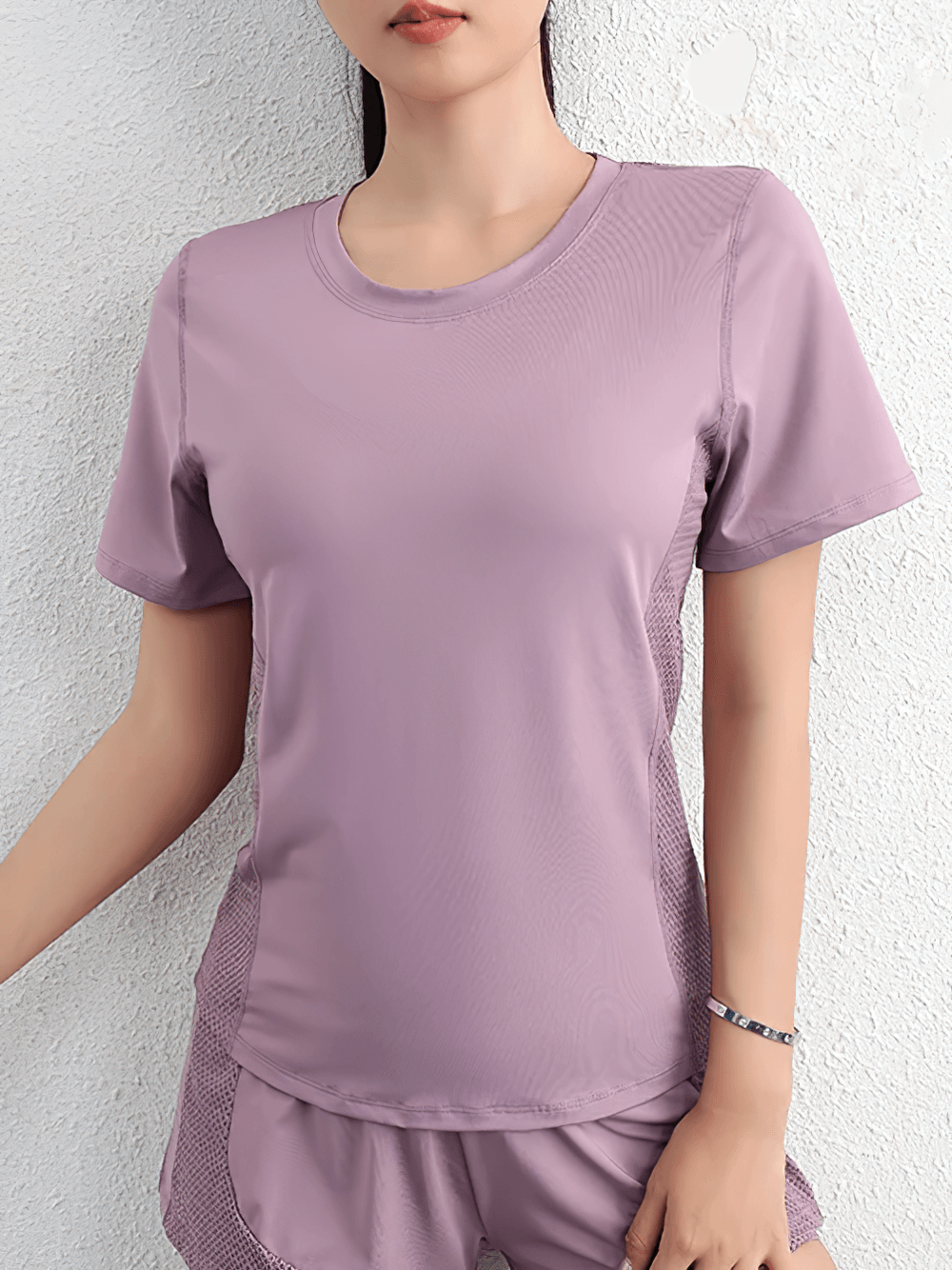Alt Tag: Female Quick-Dry Mesh Panel Training T-Shirt - SF4458 women’s purple short-sleeve quick-dry workout tee with breathable side mesh panels