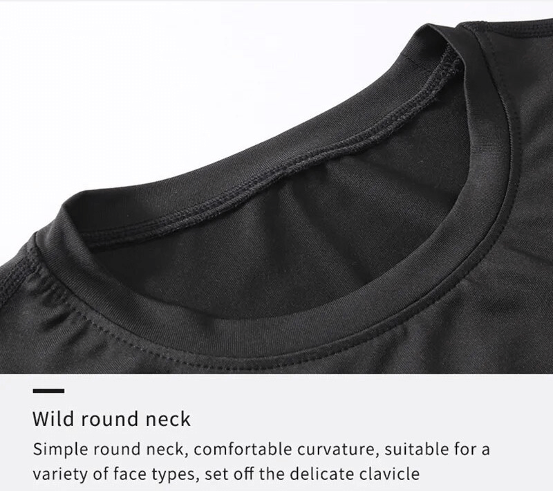 Black quick dry slim fit t-shirt with round neck, comfortable for workouts like yoga or running, made of breathable polyester-spandex blend.