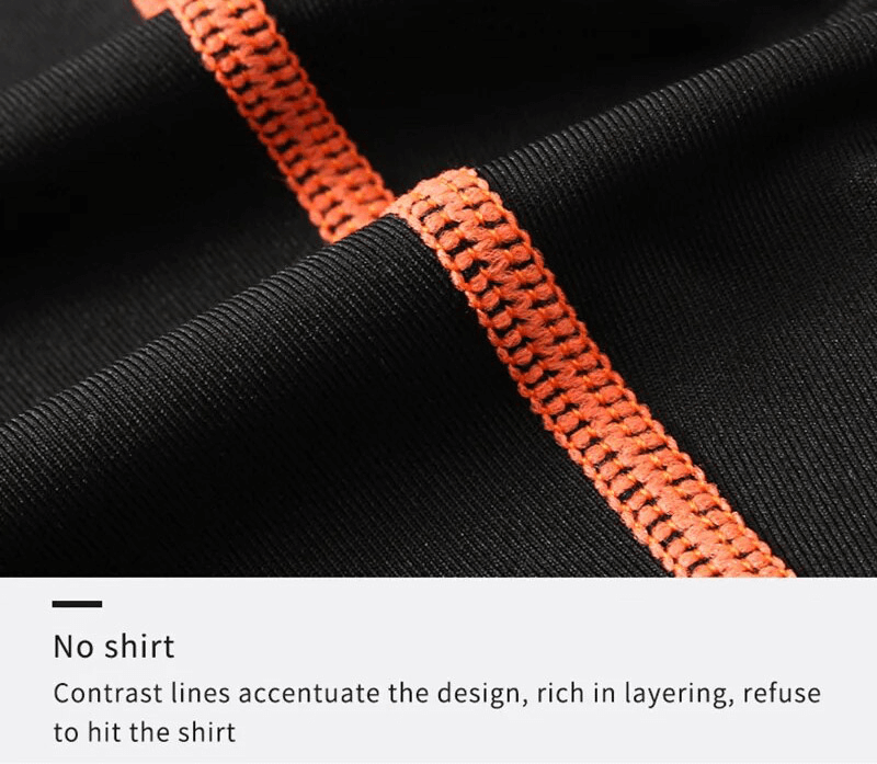 Close-up of black fabric with orange stitch detail from quick-dry sports t-shirt, highlighting the design and texture.