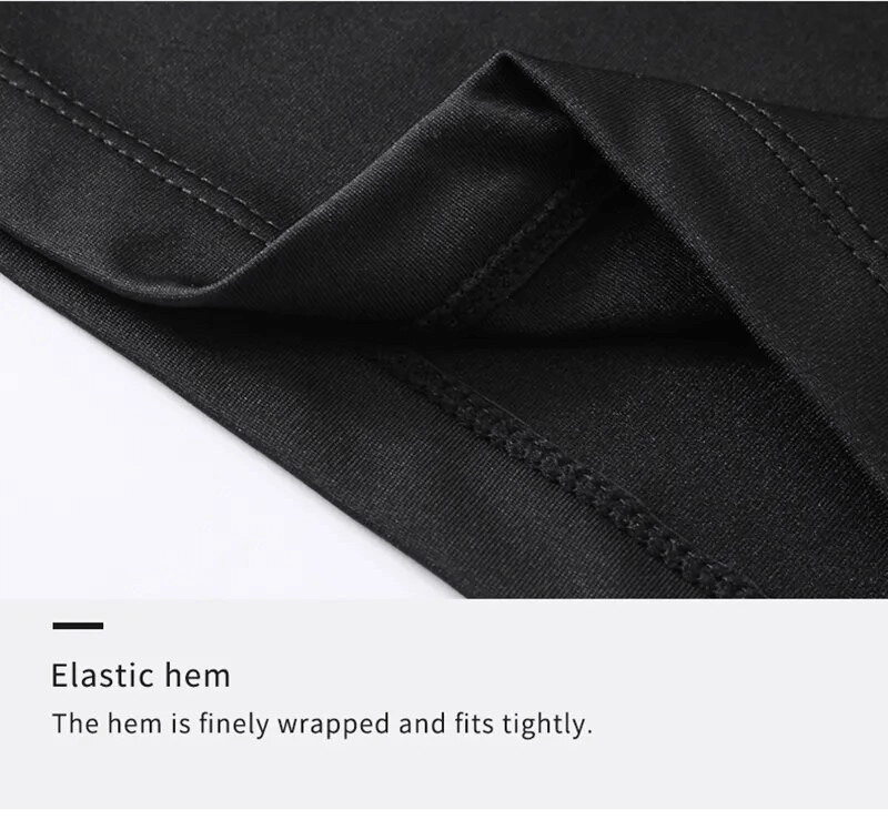 Close-up of black quick-dry sports t-shirt with elastic hem detail, perfect for yoga and running, ensuring a snug fit during workouts.