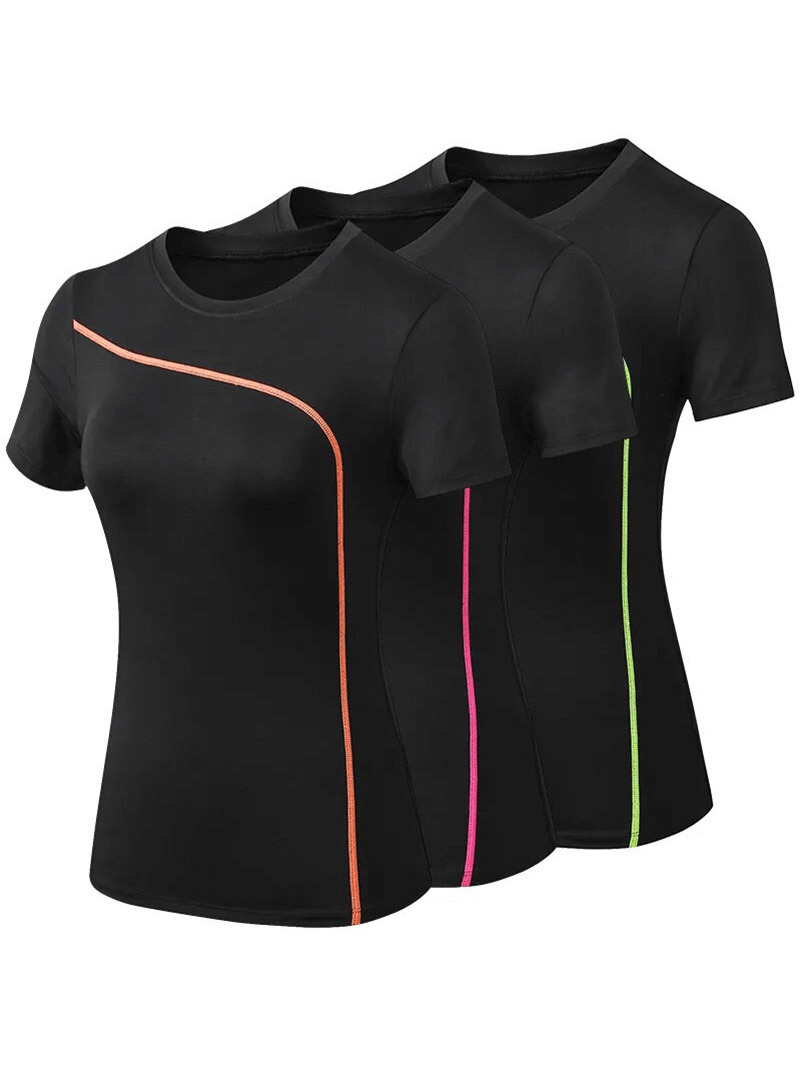 Three black slim fit women's quick dry t-shirts with colorful stripes, ideal for sports and activewear.