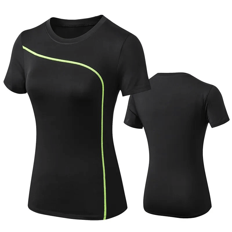 Black quick-dry slim fit women's sports t-shirt with green accent, ideal for yoga, running, and workouts. SF1602 SKU shown front and back.