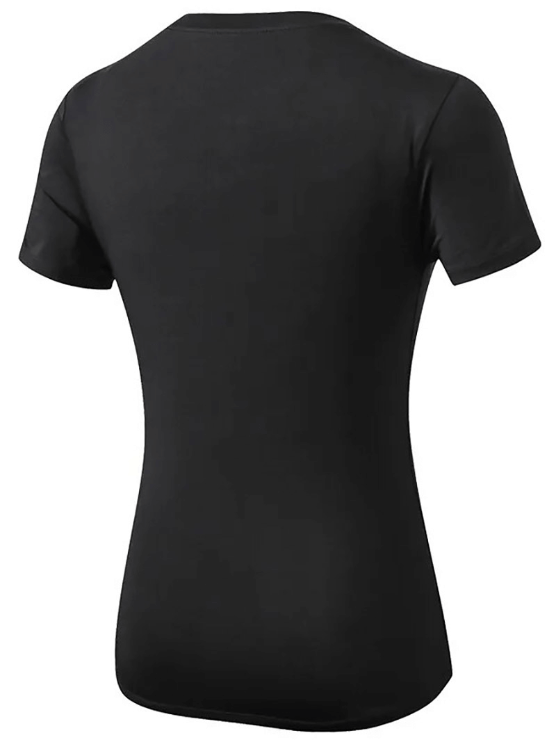 Back view of black female quick-dry slim fit stretching t-shirt, ideal for yoga and running. SF1602 sports clothing.
