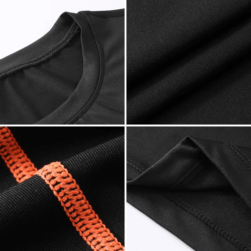 Close-up of black quick-dry slim fit women's T-shirt fabric and design details for sports, featuring durable stitching and orange accents.