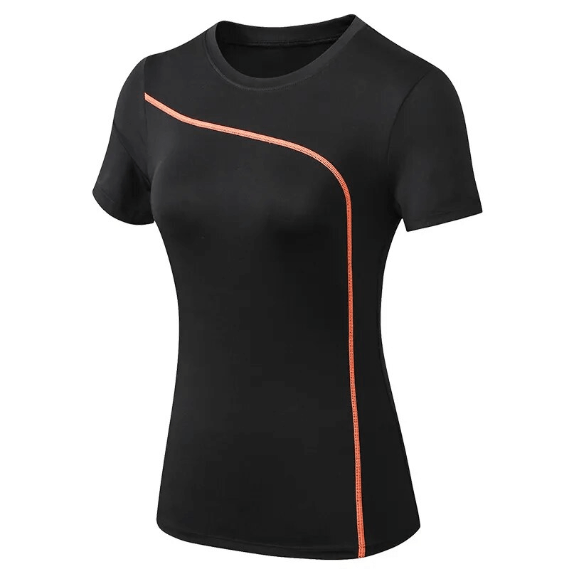 Black slim fit women's quick dry t-shirt with red line design, ideal for yoga, running, and workouts. Polyester-spandex blend, breathable.